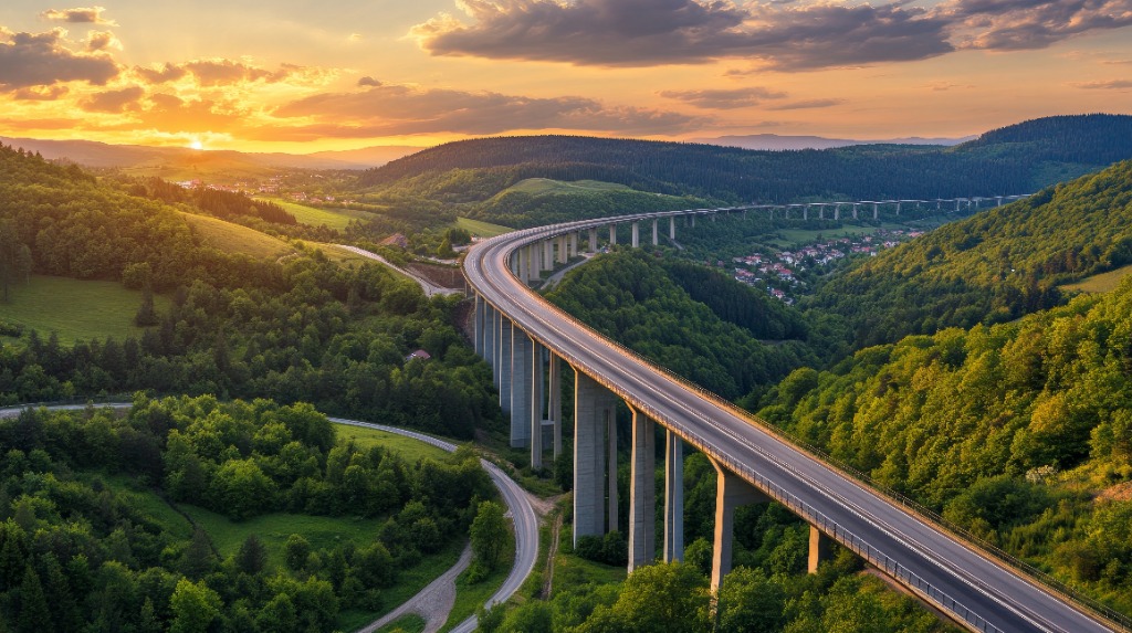 Curving bridge through green hills at sunset